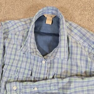 Duluth‎ Trading Shirt Mens L Blue Plaid Fishing Vented Roll Tab Sleeves Pockets